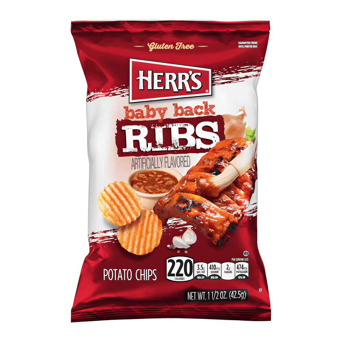 Front of Herr's Baby Back Ribs Barbecue Crisps bag showing logo, flavour and image of ribs and potato crisps (42.5g pack)