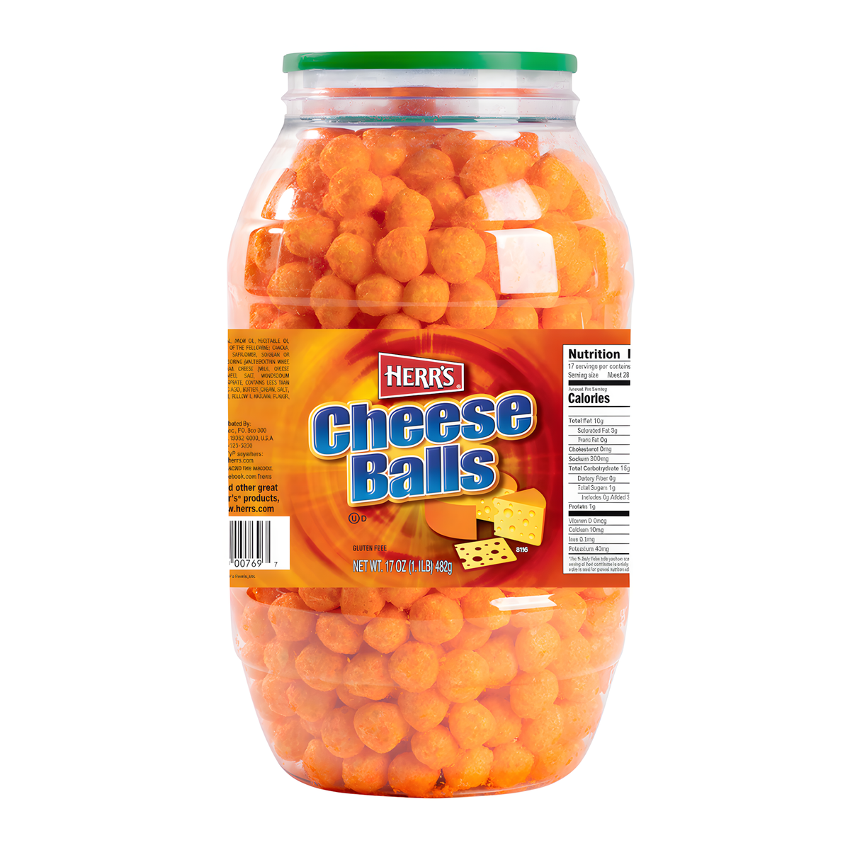 Front of Herr's Cheese Balls Barrel showing large logo, cheese ball snacks, and 17 oz pack size