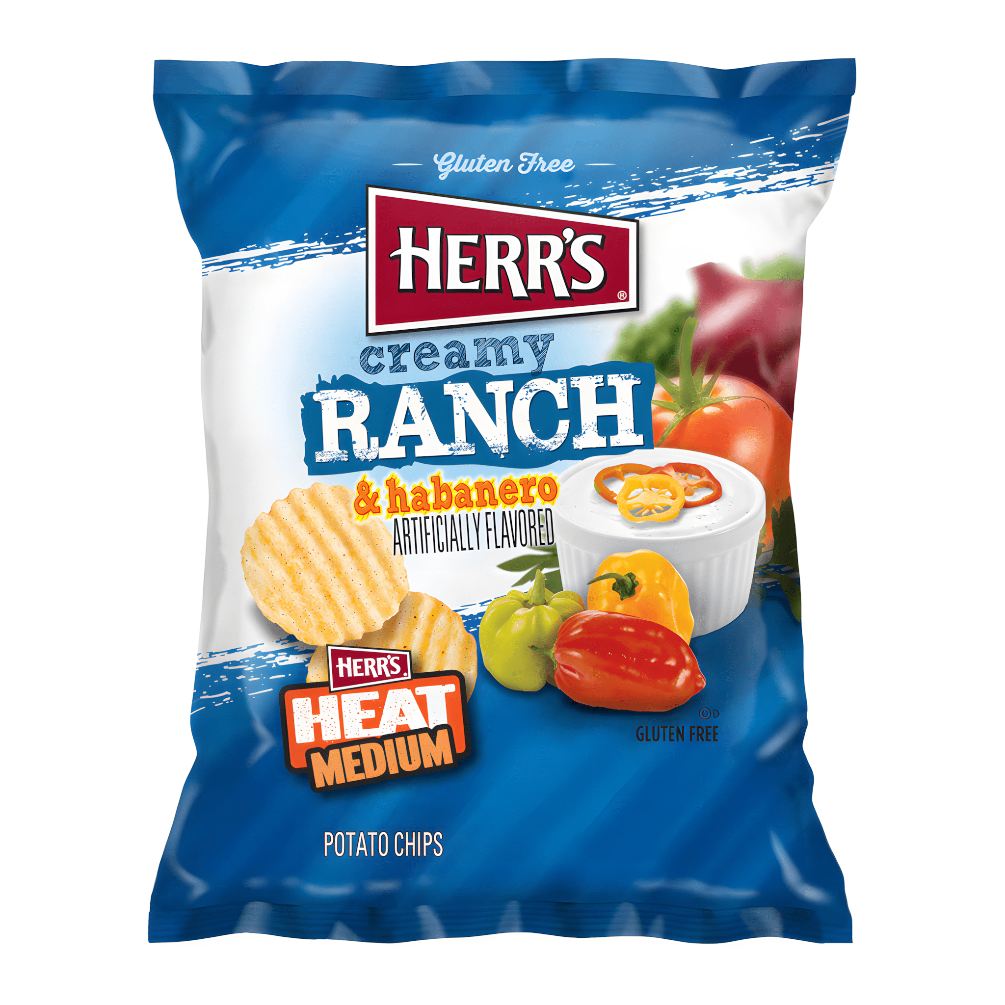 Front of Herr's Creamy Ranch & Habanero Crisps bag showing the logo, crunchy crisps imagery, and vibrant flavours (42g pack)