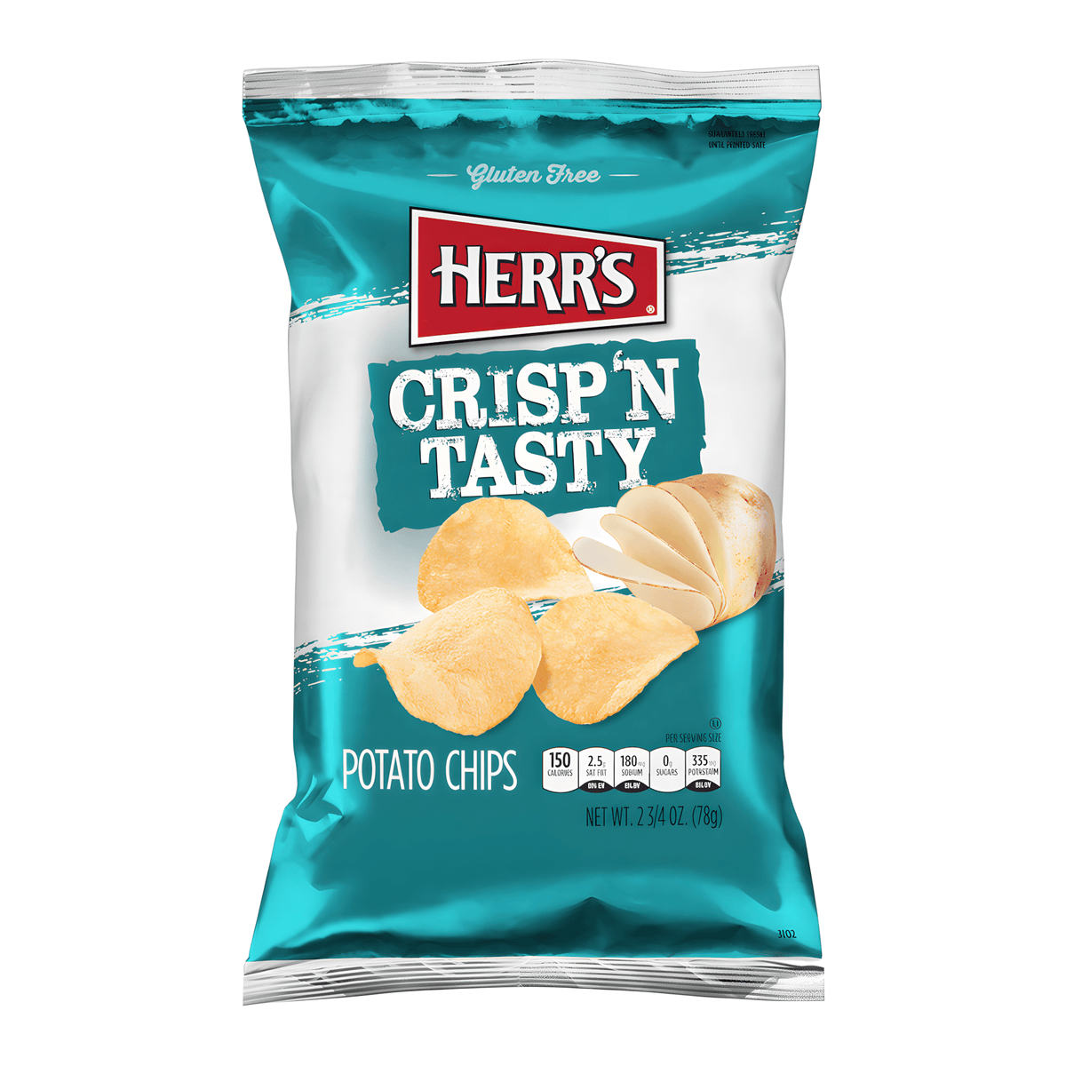 Front of Herr's Crisp 'N Tasty Crisps bag displaying the logo, crispy potato chips, and 71g pack size.