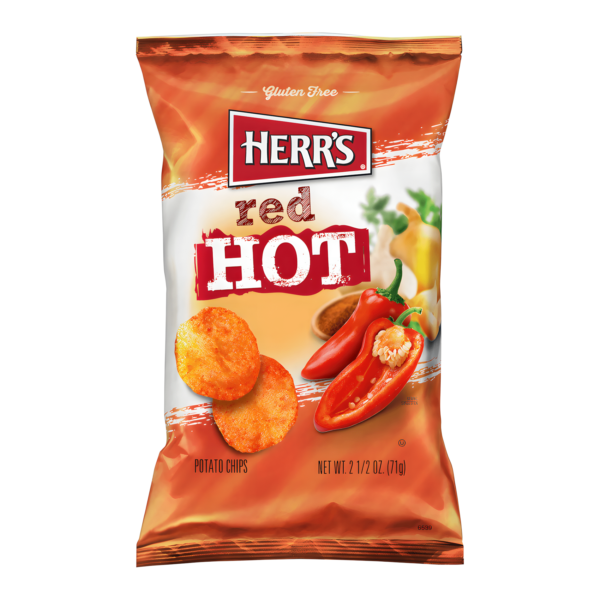 Front of a bag of Herr's Red Hot Crisps showing the brand logo, red hot flavour label, and 71g pack size.