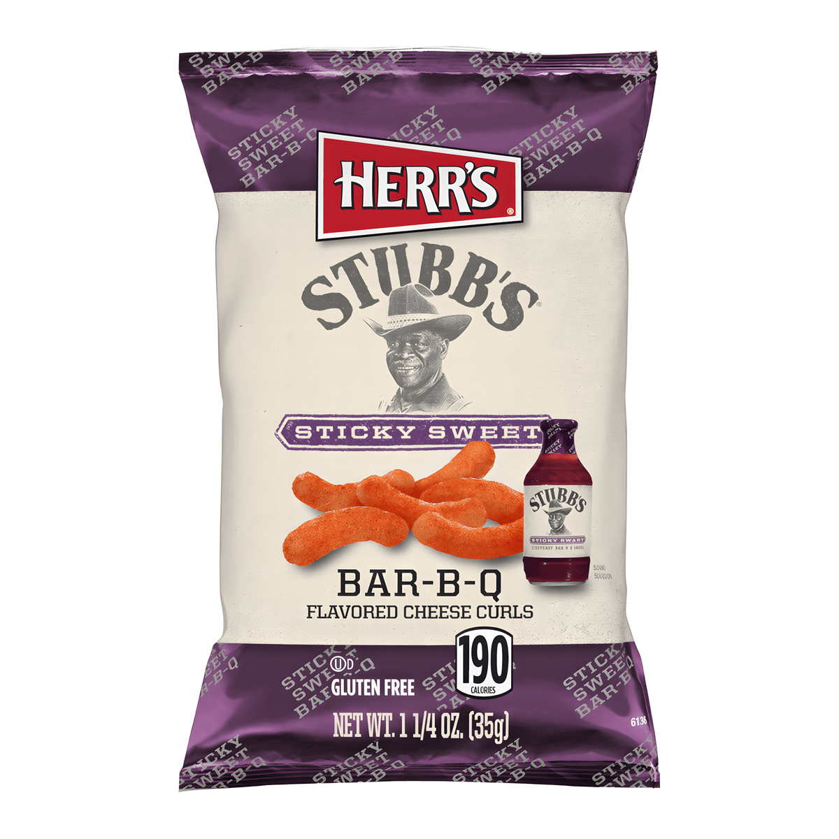 Front of Herr's Stubb's Sticky Sweet Bar-B-Q Cheese Curls bag showing purple logo with cheese curls and a bottle of Stubb's sauce (35g pack)
