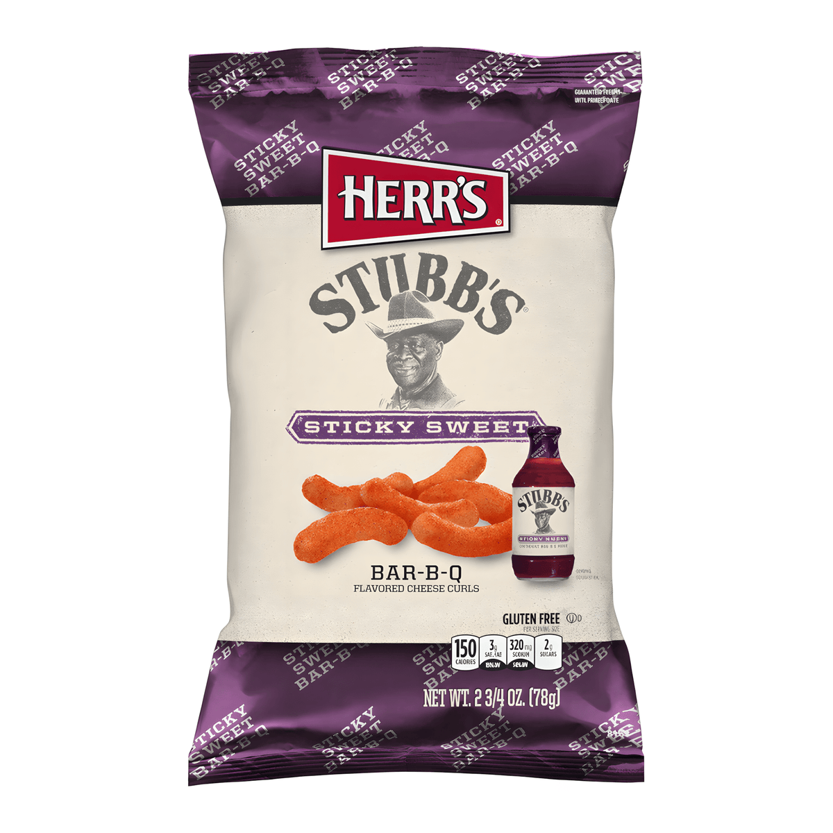Front of Herr's Stubb's Sticky Sweet Bar-B-Q Cheese Curls bag featuring the logo, cheese curls, and a bottle of Stubb's barbecue sauce (78g pack)