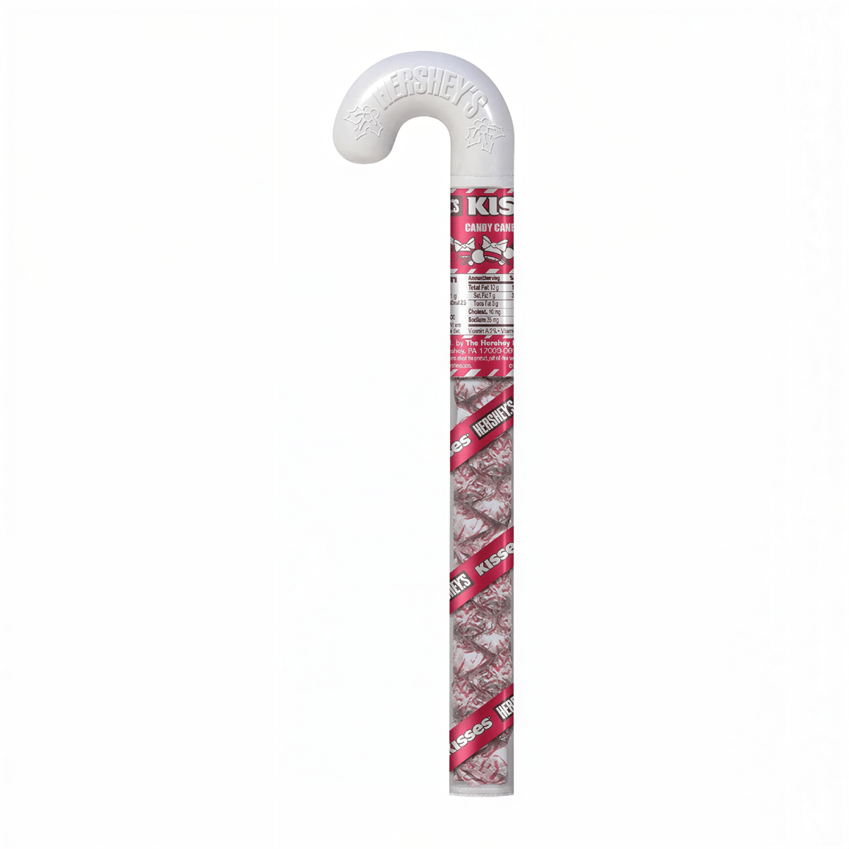 Front of Hershey's Candy Cane Kisses Filled Cane (59g) showing festive red and white design with candies and logo.