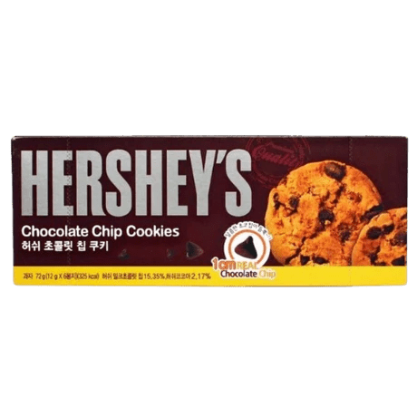 Front of Hershey's Chocolate Chip Cookies pack showing the logo, chocolate chip cookies, and 72g size label.