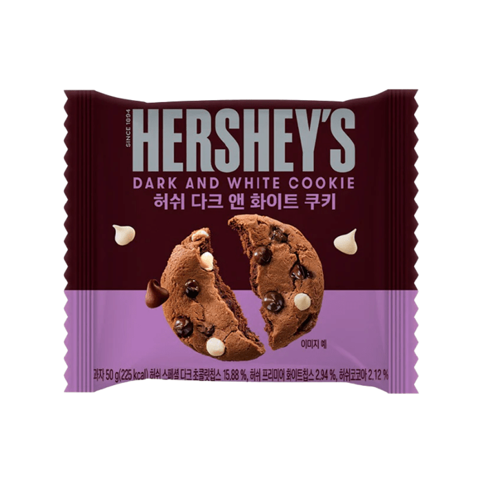 Front of Hershey's Dark & White Chocolate Chip Cookie wrapper featuring the brand logo, cookie design, and pack size (50g)