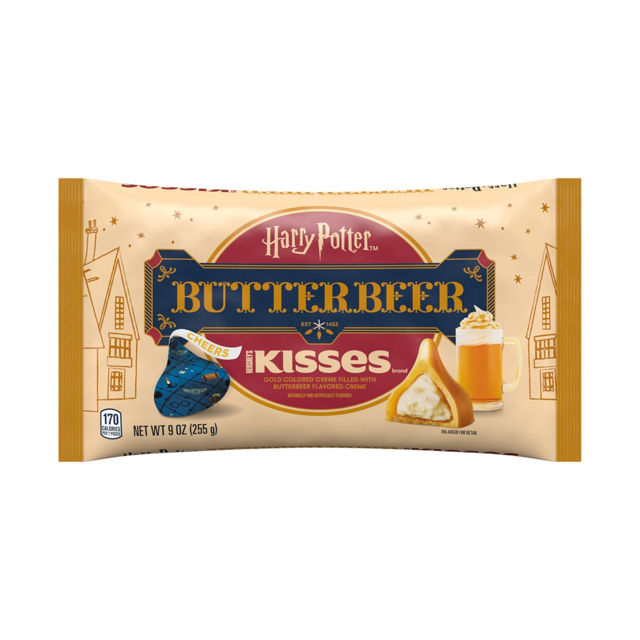 Front of Hershey's Kisses Harry Potter Butterbeer Creme Filled Chocolate bag featuring gold and blue design with a chocolate kiss and pack size (255g)