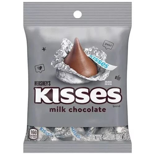 Front of Hershey's Milk Chocolate Kisses bag showing the brand logo, milk chocolate kisses, and pack size of 137g.