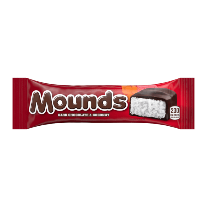 Front of Hershey's Mounds Bar showing dark chocolate and coconut label with 50g pack size.