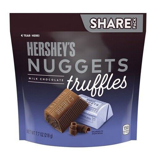 Front of Hershey's Nuggets Milk Chocolate Truffles bag showing logo, product name, and a visual of chocolate truffles (218g pack)