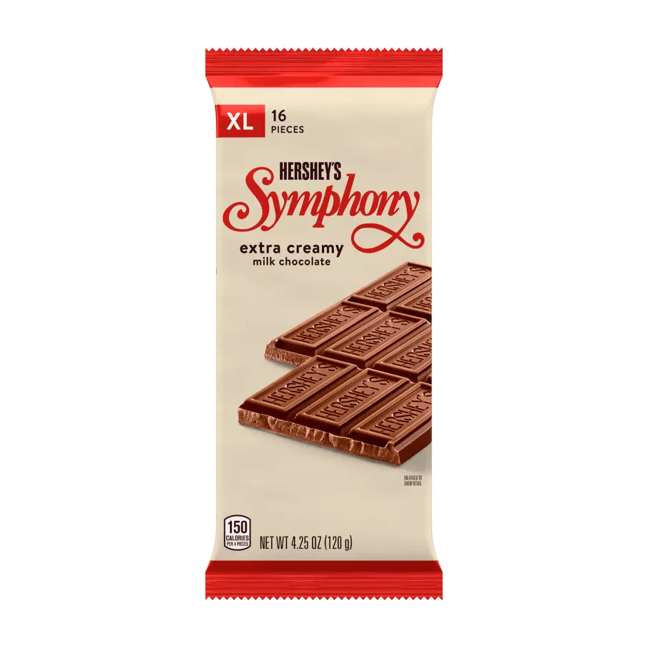 Front of Hershey's Symphony XL Milk Chocolate Bar showing the logo, extra creamy milk chocolate details, and 120g pack size