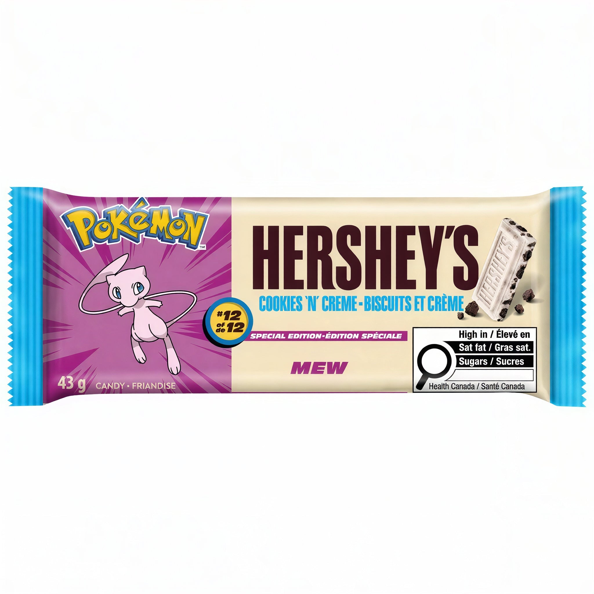 A packaged Hershey's Cookies 'N Creme bar featuring Mew from Pokémon. The wrapper is cream-colored with a purple burst graphic on the left, blue serrated edges, and Mew's logo.