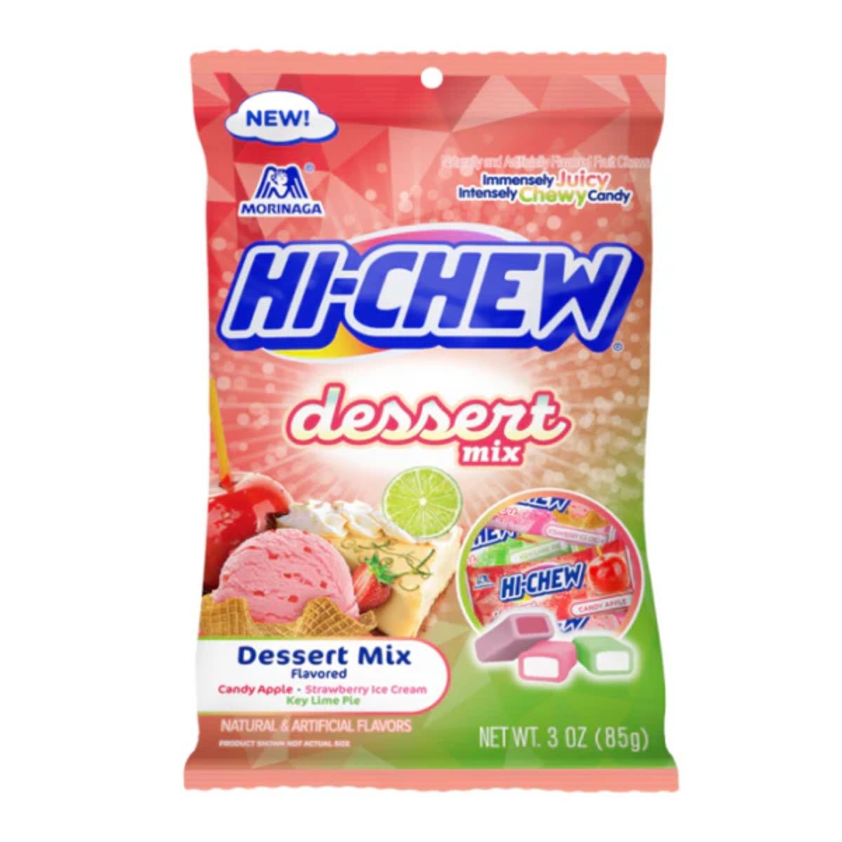 Front of Hi-Chew Dessert Mix bag featuring brand logo, dessert mix label, and images of Candy Apple, Strawberry Ice Cream, and Key Lime Pie (85g pack)