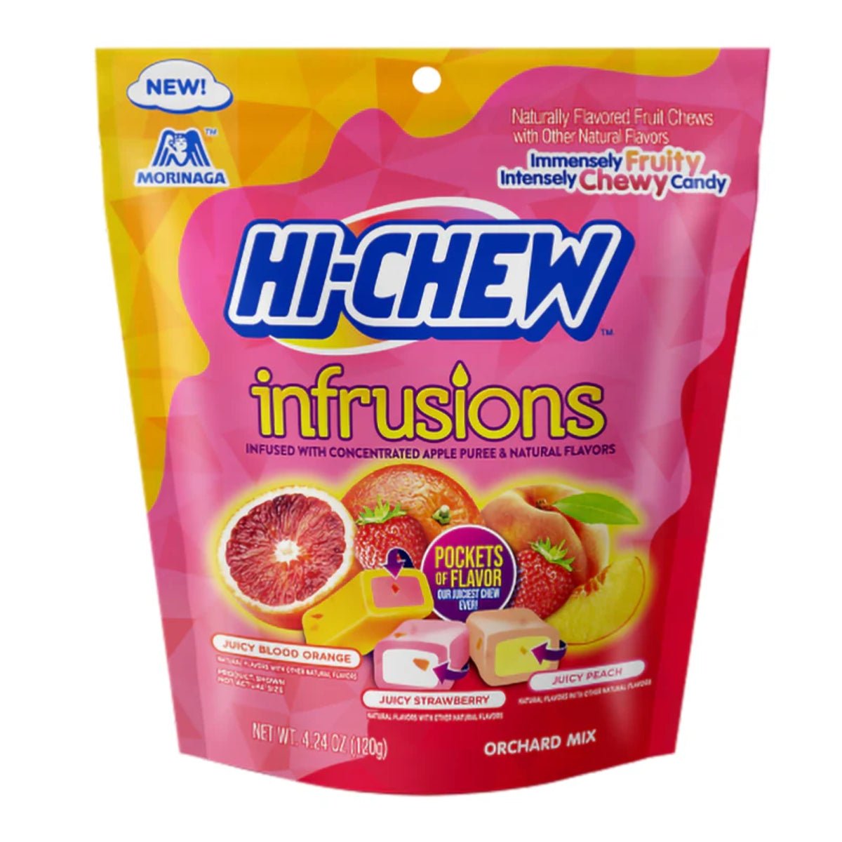 Front of Hi-Chew Infrusions Orchard Mix bag featuring juicy blood orange, strawberry, and peach illustrations with logo (120g)