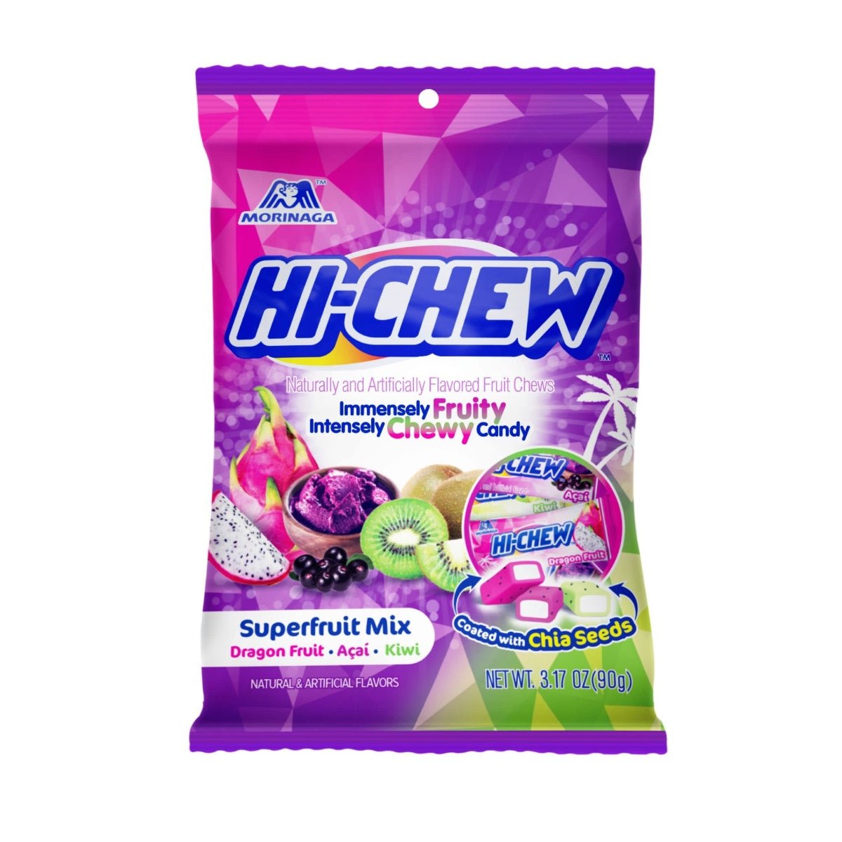 Front of Hi-Chew Superfruit Mix bag showing logo, dragon fruit, açaí, kiwi, and chia seeds, with 90g pack size