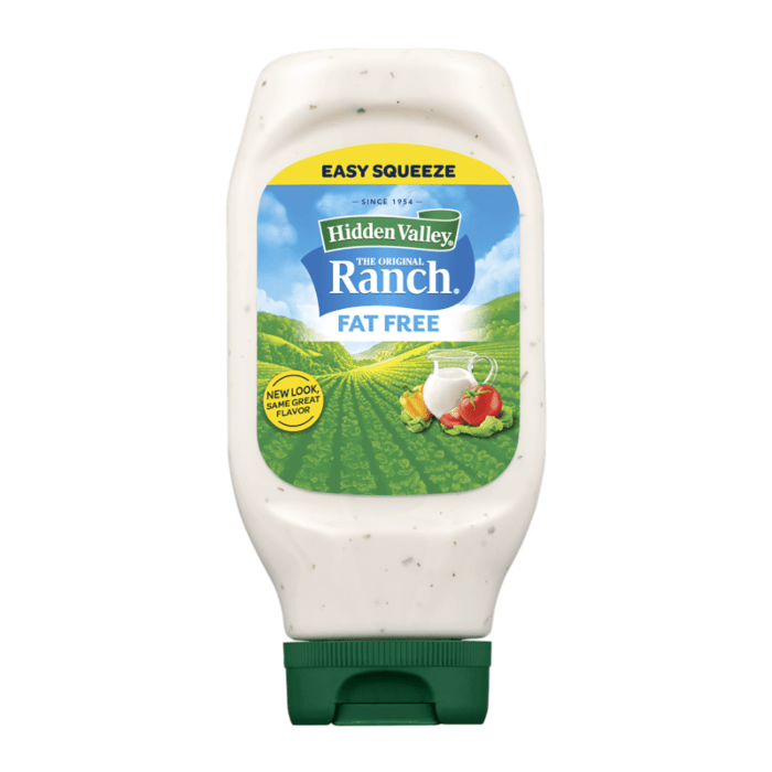 Fat-free Hidden Valley Ranch dressing bottle on a white background