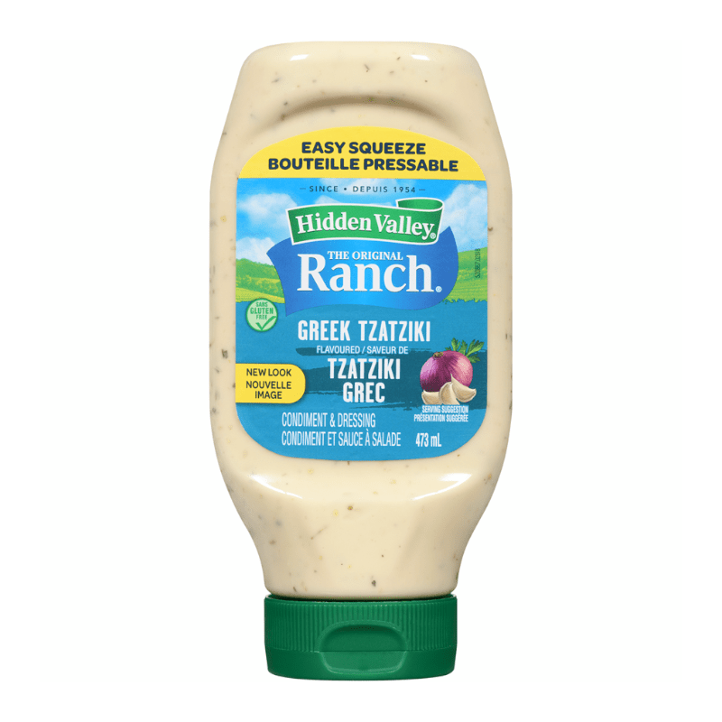 Hidden Valley Greek Tzatziki Ranch dressing bottle on a white background