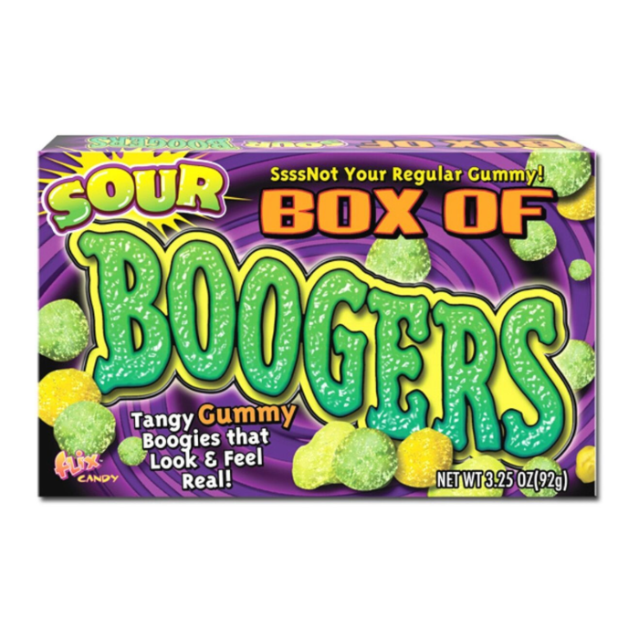 Front label of Flix Sour Box of Boogers Theater Box (85g), displaying flavour and branding.