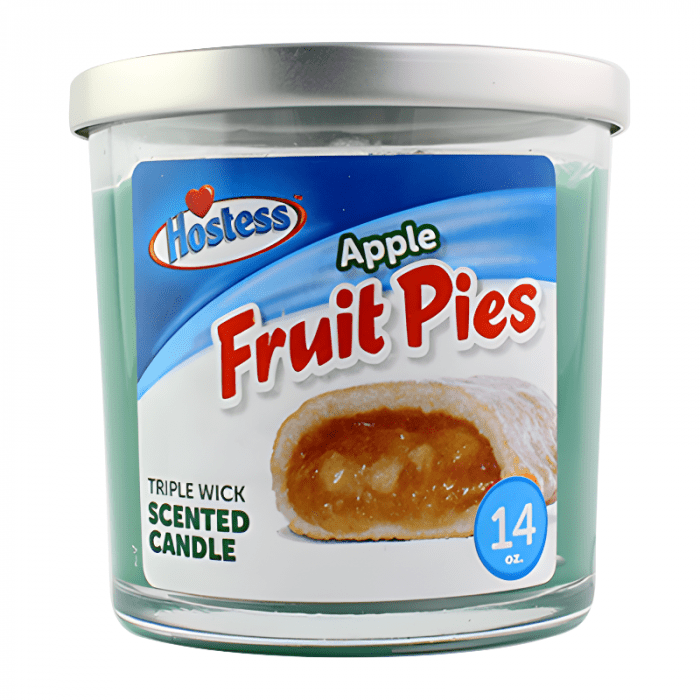 Front of Hostess Apple Pie Triple Wick Scented Candle showing logo, apple pie illustration, and label details (396g)