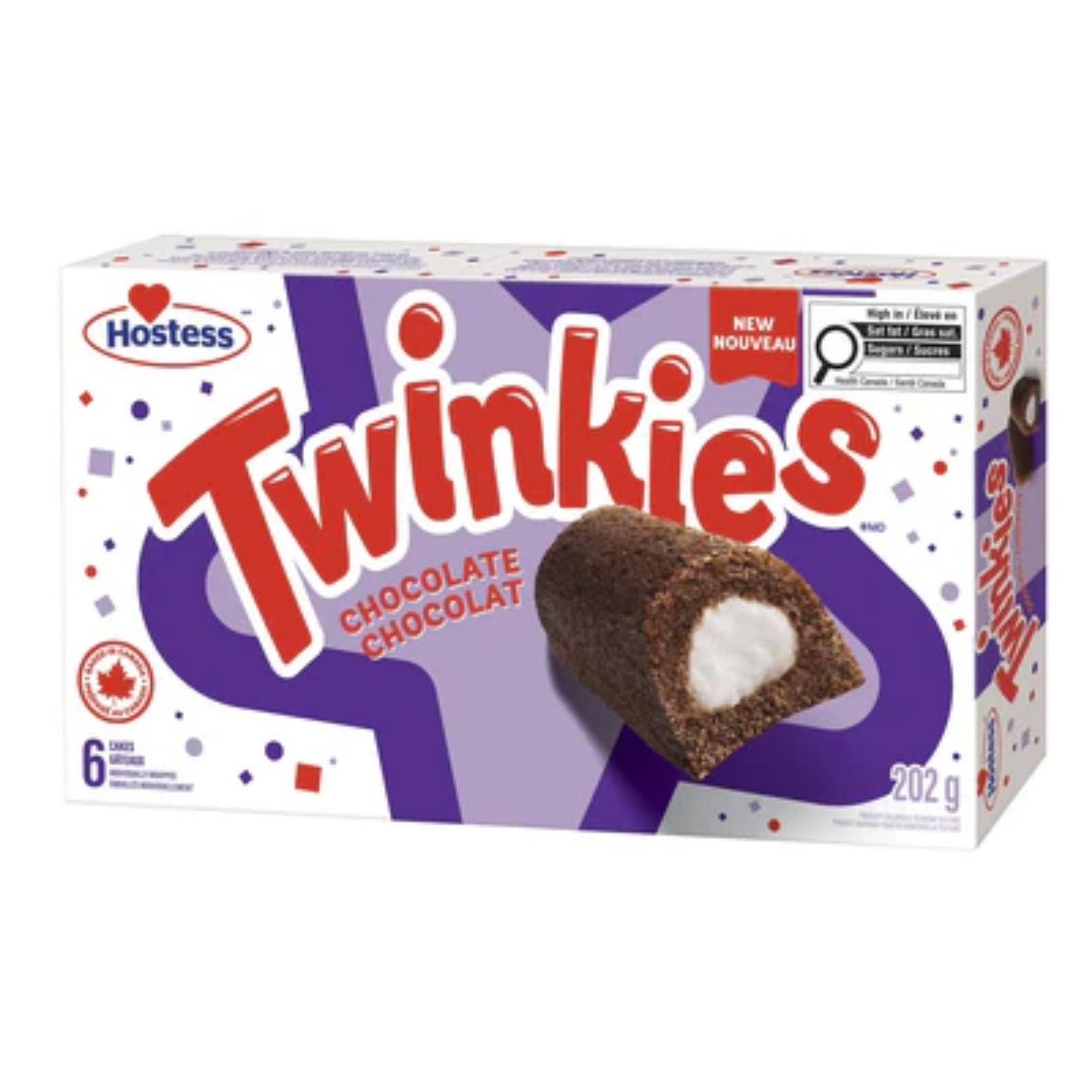 Front of Hostess Chocolate Twinkies box featuring logo, chocolate flavour label, and image of a chocolate cake with creamy filling (202g pack)