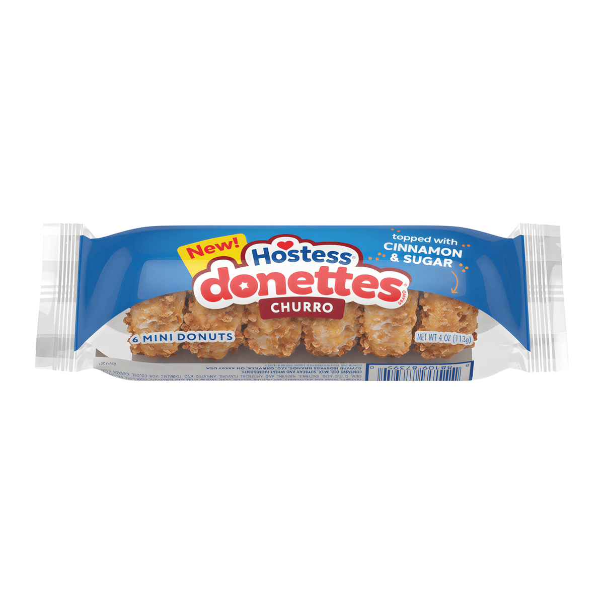 Front of Hostess Donettes Churro Mini Doughnuts pack showing logo, cinnamon and sugar topping, and 113g quantity