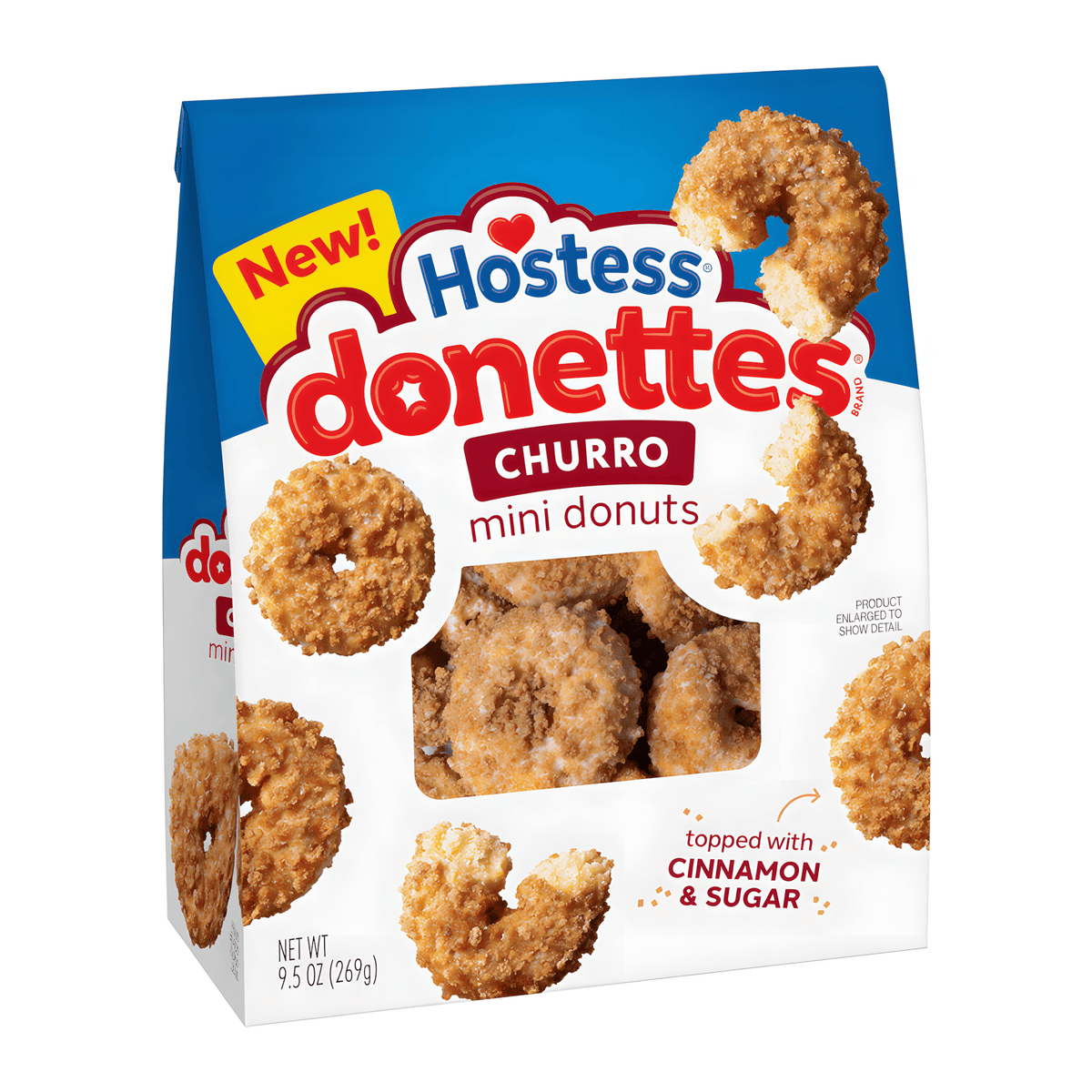 Front of a bag of Hostess Donettes Churro Mini Doughnuts showing the logo, cinnamon and sugar topping, and 269g pack size