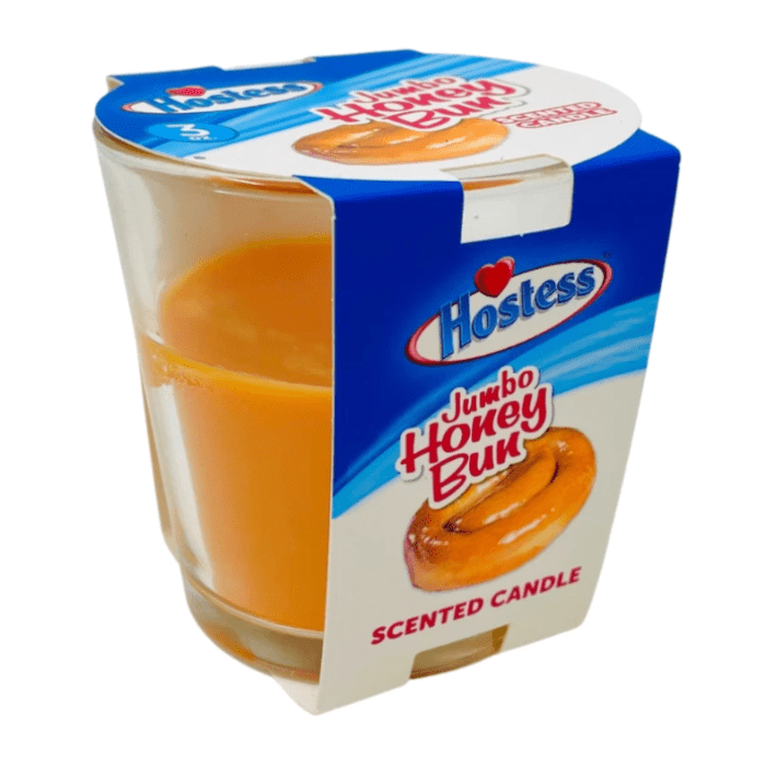 Front of Hostess Jumbo Honey Bun Scented Candle showing the logo, honey bun design, and label details (90g)