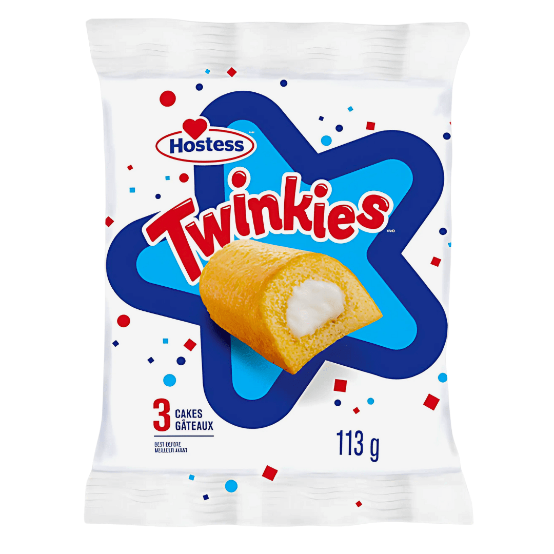 Front of Hostess Twinkies Triple Pack showing the vibrant blue star logo, three individually wrapped cakes, and 113g pack size