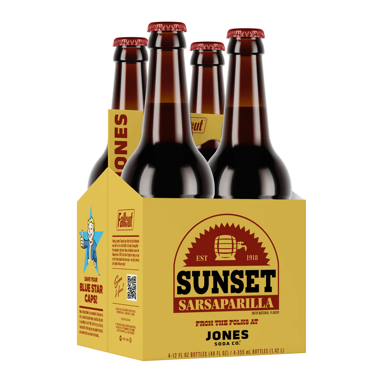 Front of Jones Soda Sunset Sarsparilla 4 pack of 355ml bottles showcasing the logo and vibrant yellow design