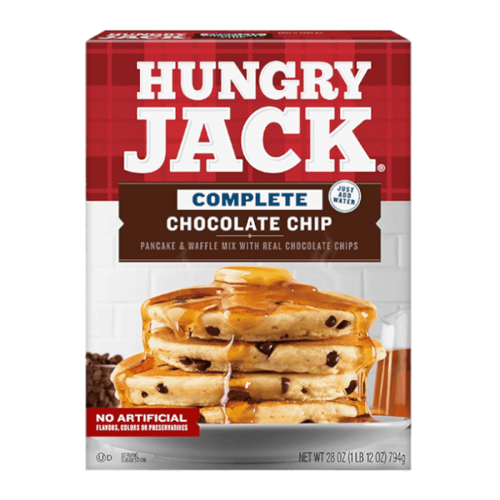 Front of Hungry Jack Complete Chocolate Chip Pancake & Waffle Mix box showing logo, chocolate chip flavour details, and image of stacked pancakes with syrup (794g pack)