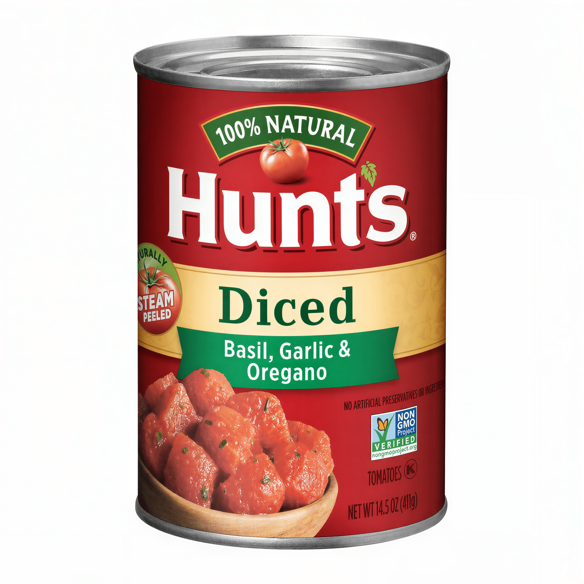Front of a can of Hunt's Diced Tomatoes With Italian Herbs (411g) showing vibrant red label, diced tomatoes, and Italian herb design