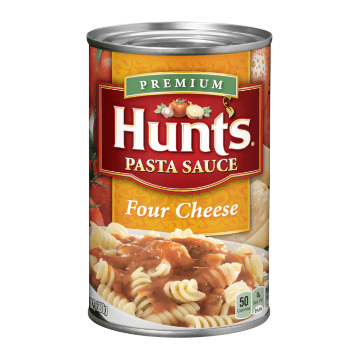Front of Hunts Pasta Sauce Four Cheese can showing logo, rich pasta sauce in a bowl, and pasta on the label (680g)