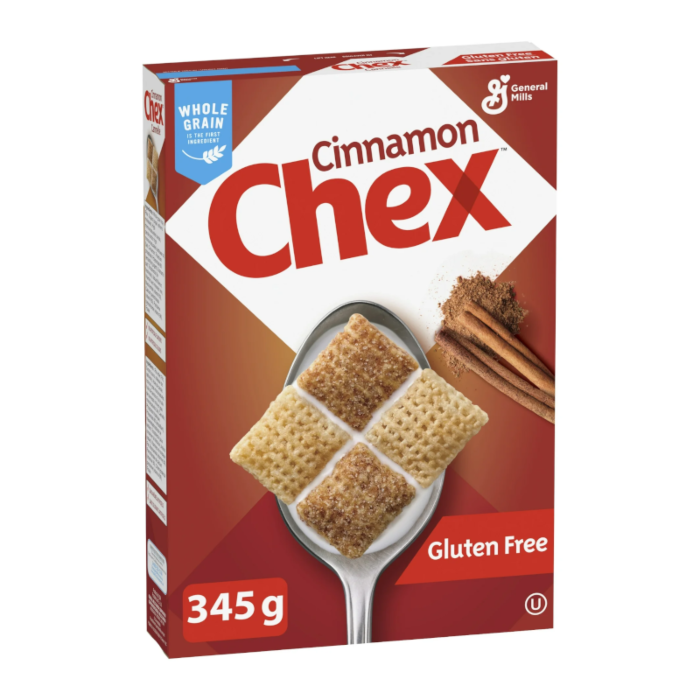 Front of Chex Cinnamon Cereal box featuring logo, cinnamon flavour, and 345g pack size with images of cereal squares and cinnamon sticks.