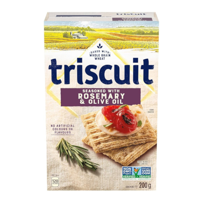 Front of Triscuit Rosemary Olive Oil box showing the brand logo, rosemary flavour label, and image of crackers topped with tomato and cheese (200g pack)