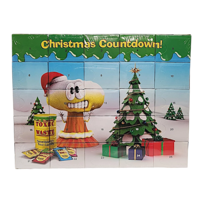 Front of Toxic Waste Sour Candy Advent Calendar showing a cartoon character, colourful design and festive countdown (77g)