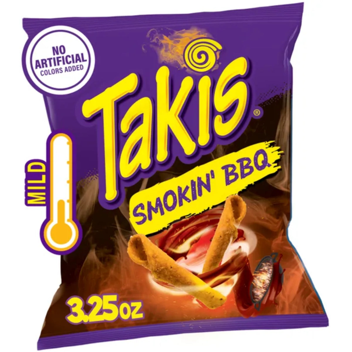 Front of Takis Fuego Smokey Barbecue bag showing bold yellow logo, smokey barbecue flavour label, and image of crunchy snacks (92g pack)