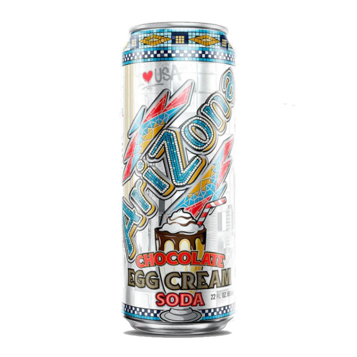 Front of Arizona Chocolate Egg Cream Soda can featuring colourful label, chocolate flavour, and 650ml size