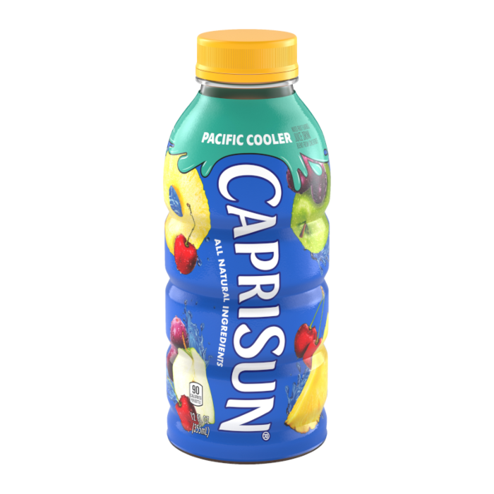 Front of Capri Sun Pacific Cooler bottle featuring bold logo, vibrant fruit graphics, and 355ml capacity.