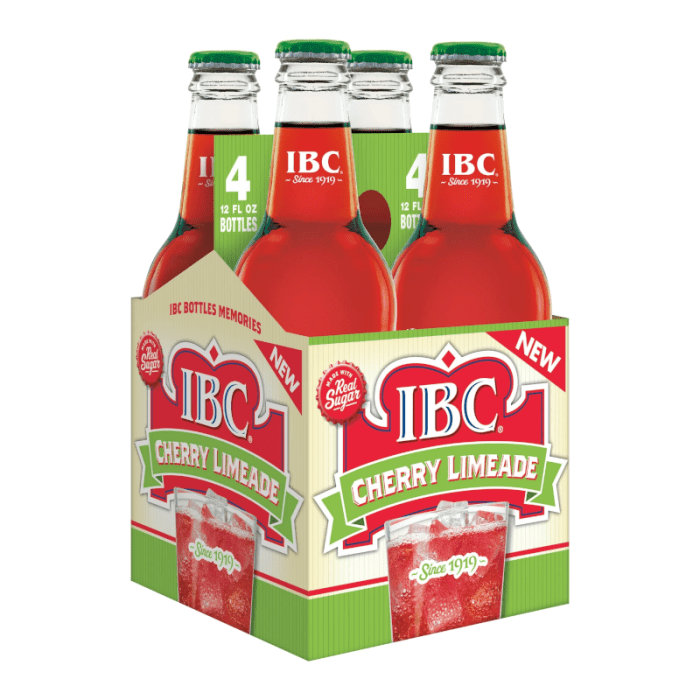 Front of a 4 pack of IBC Cherry Limeade Soda featuring bright red and green packaging with the brand name and flavour clearly displayed (355ml)