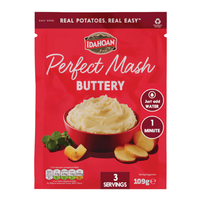 Front of Idahoan Perfect Mash Buttery pack with logo, creamy mashed potatoes in a bowl, and package details (109g)