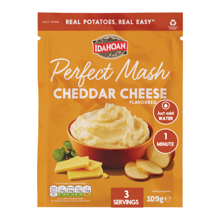 Front of Idahoan Perfect Mash Cheddar Cheese pack showing rich orange packaging, logo, and image of creamy mashed potatoes (109g pack)