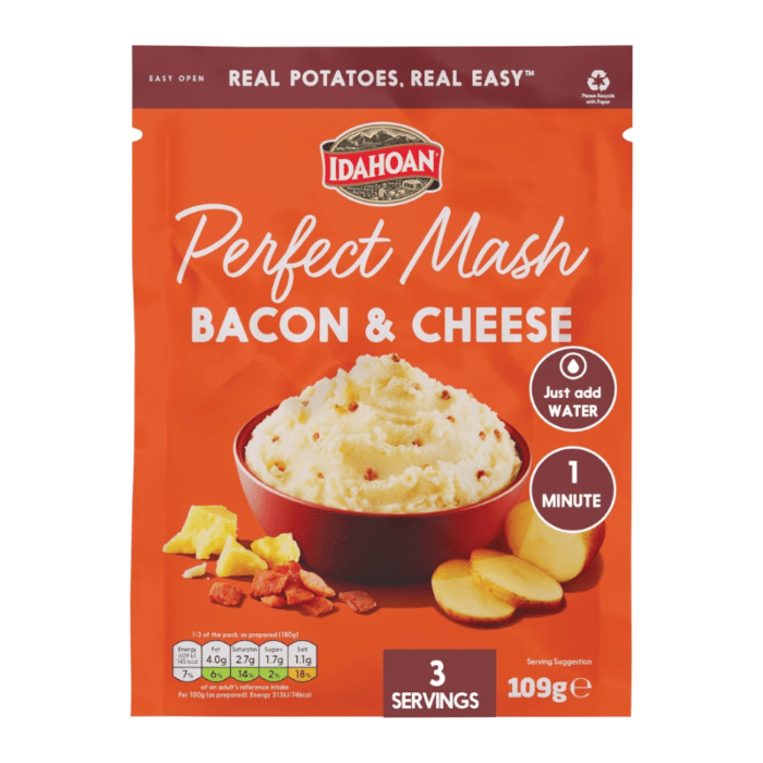 Front of Idahoan Perfect Mash Cheese & Bacon pack showing logo, creamy mashed potatoes in a bowl, and serving size details (109g)