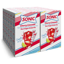 Front of Sonic Cherry Limeade Singles to Go box showing the logo, red and white packaging, and images of cherry and lime with drink mix packets (12 pack)