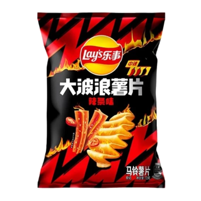 Front of Lay's Deep Ridged Spicy Strip bag featuring bold logo, fiery red and black design, and image of spicy potato strips (70g pack)
