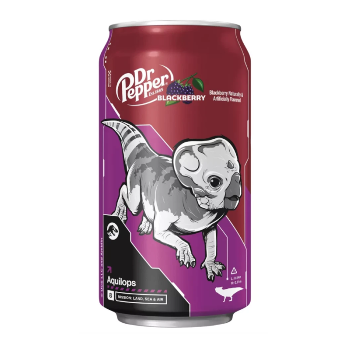 Front of Dr Pepper Blackberry can featuring Jurassic World theme, blackberry flavour label, and 355ml size