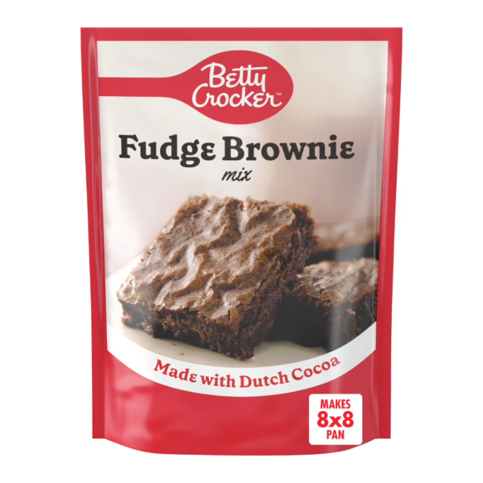 Front of Betty Crocker Fudge Brownie Mix bag showing red packaging, brownies image, and "Made with Dutch Cocoa" (290g)