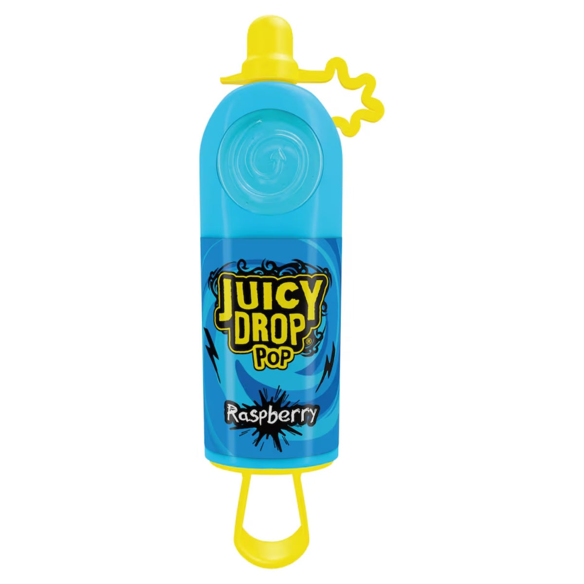 Front of Juicy Drop Pop Blue Raspberry packaging showing bold logo and vibrant blue raspberry design (26g)