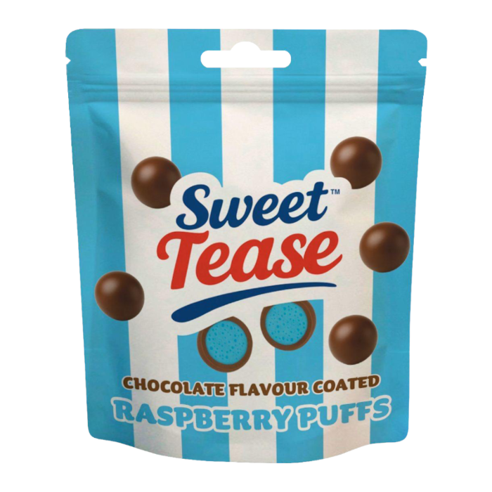 Front of Sweet Tease Blue Raspberry Puffs bag showing a blue and white striped design, logo, and imagery of blue raspberry puffs (80g pack)