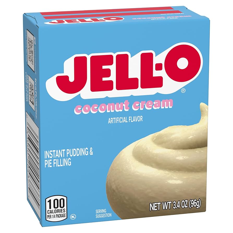 Front of Jell-O Coconut Cream Instant Pudding Mix box showing the logo, coconut cream flavour label, and image of creamy pudding (96g pack)