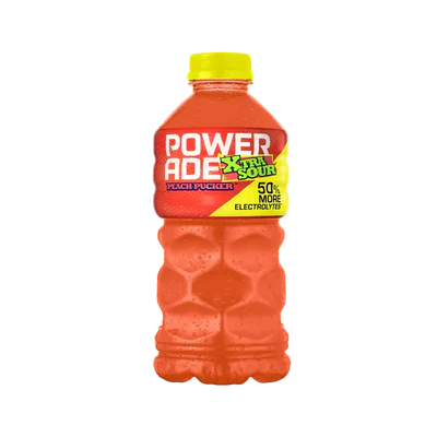 Front of Powerade Xtra Sour Peach Pucker bottle showing vibrant logo, sour peach flavour label, and 828ml pack size.